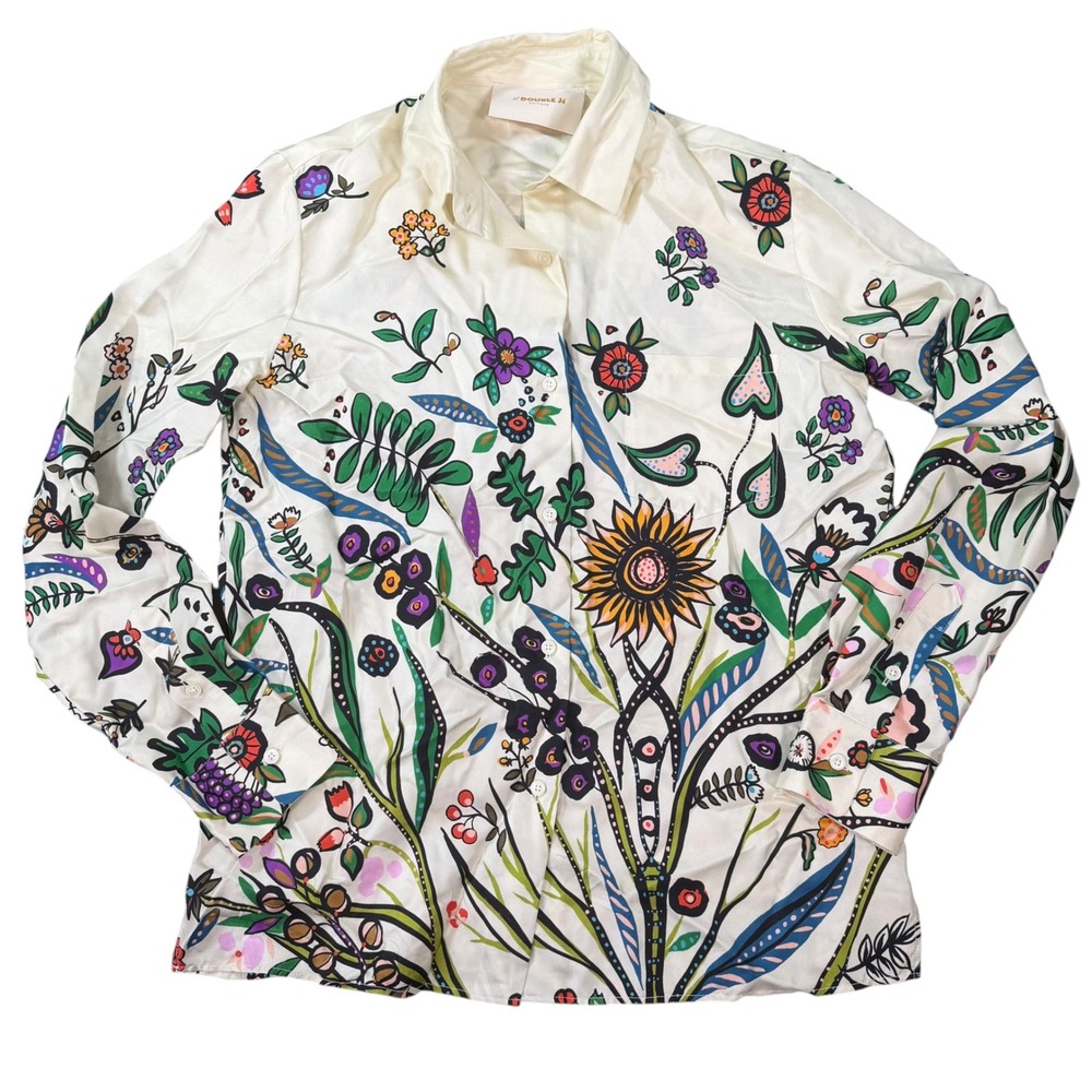 La DoubleJ Womens Boy Shirt Cream Floral Silk Long Sleeve Button Up Size S